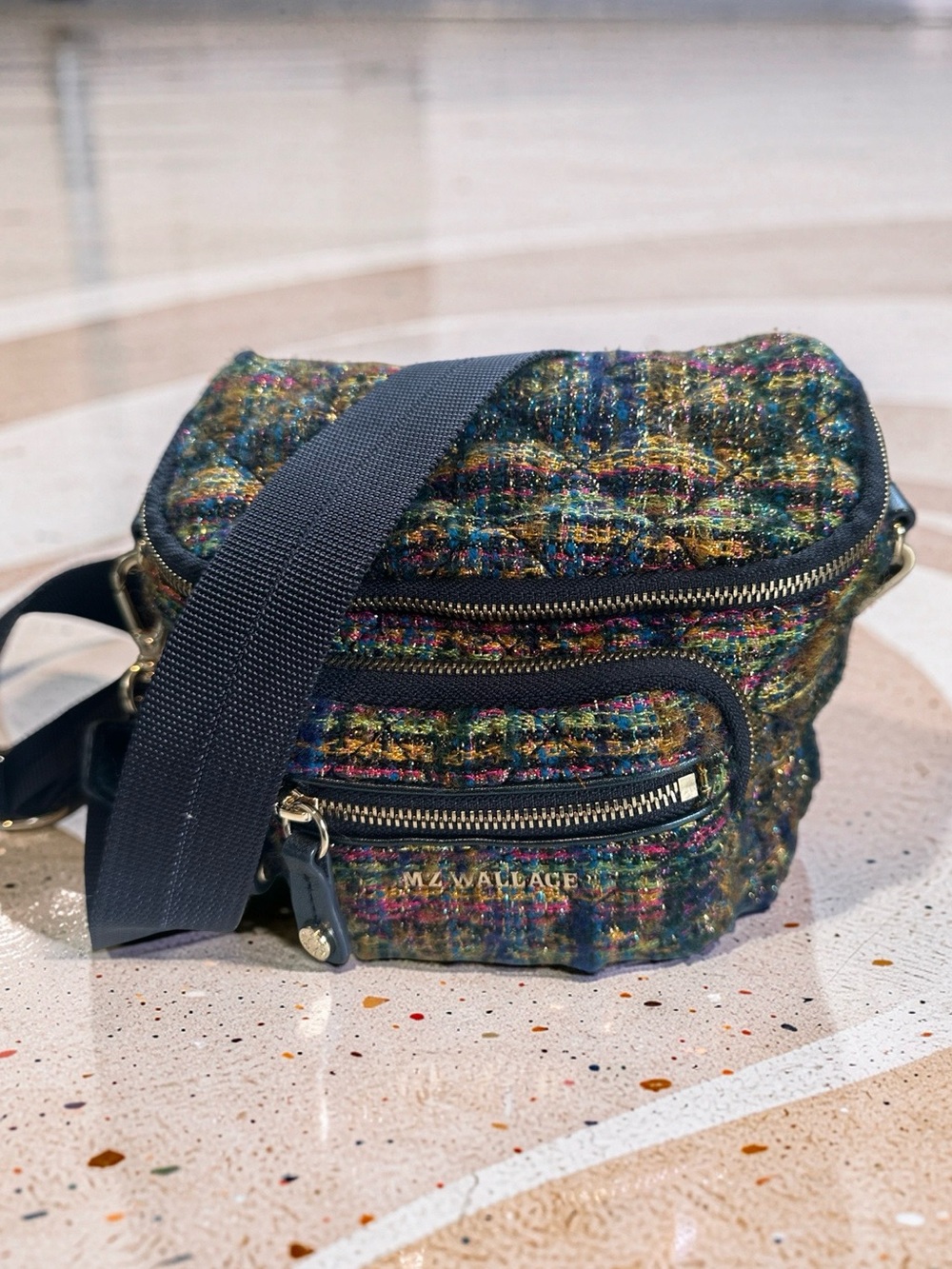 MZ Wallace Micro Crosby Gold Multicolor Tweed Crossbody Bag with Navy Strap